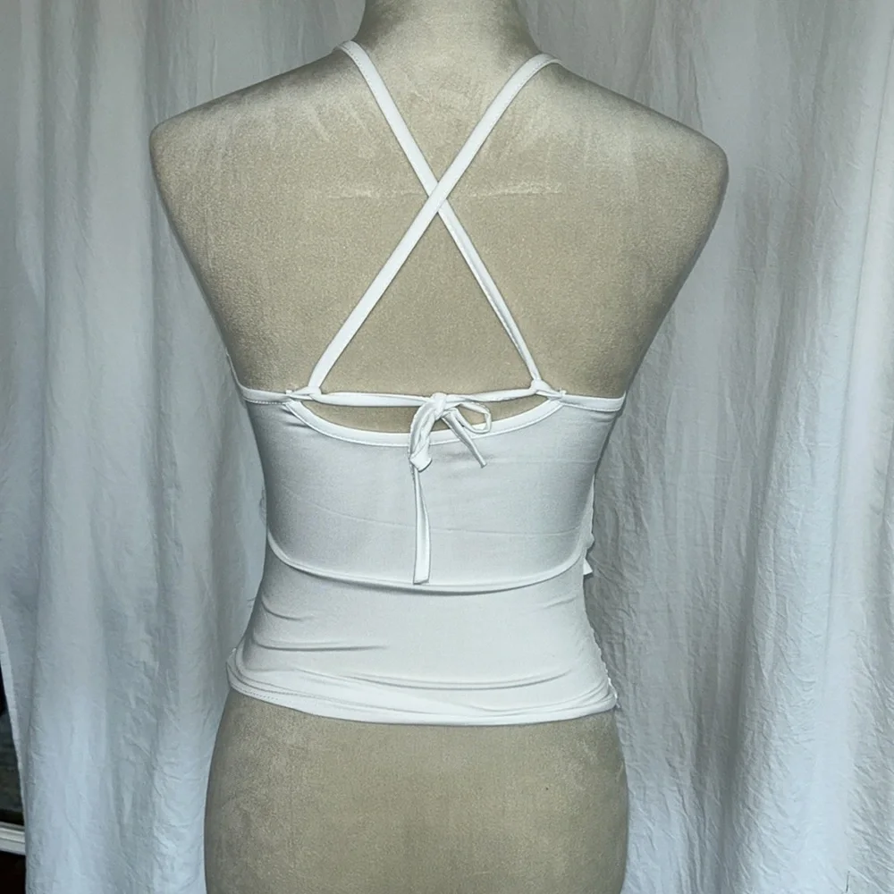 Off White: Open Front Top w/ Ruffle Flowers: Size Small. - Picture 4 of 6